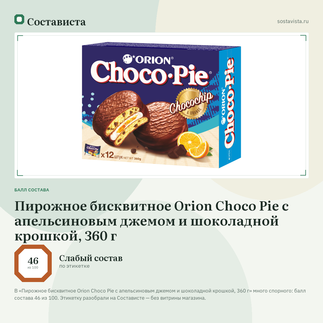 Пирожное бисквитное Orion Choco Pie c апельсиновым джемом и шоколадной крошкой, 360 г: балл состава 46 из 100 — Состависта