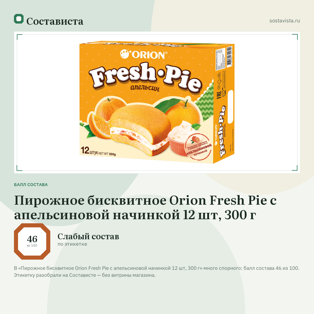 Пирожное бисквитное Orion Fresh Pie с апельсиновой начинкой 12 шт, 300 г: балл состава 46 из 100 — Состависта