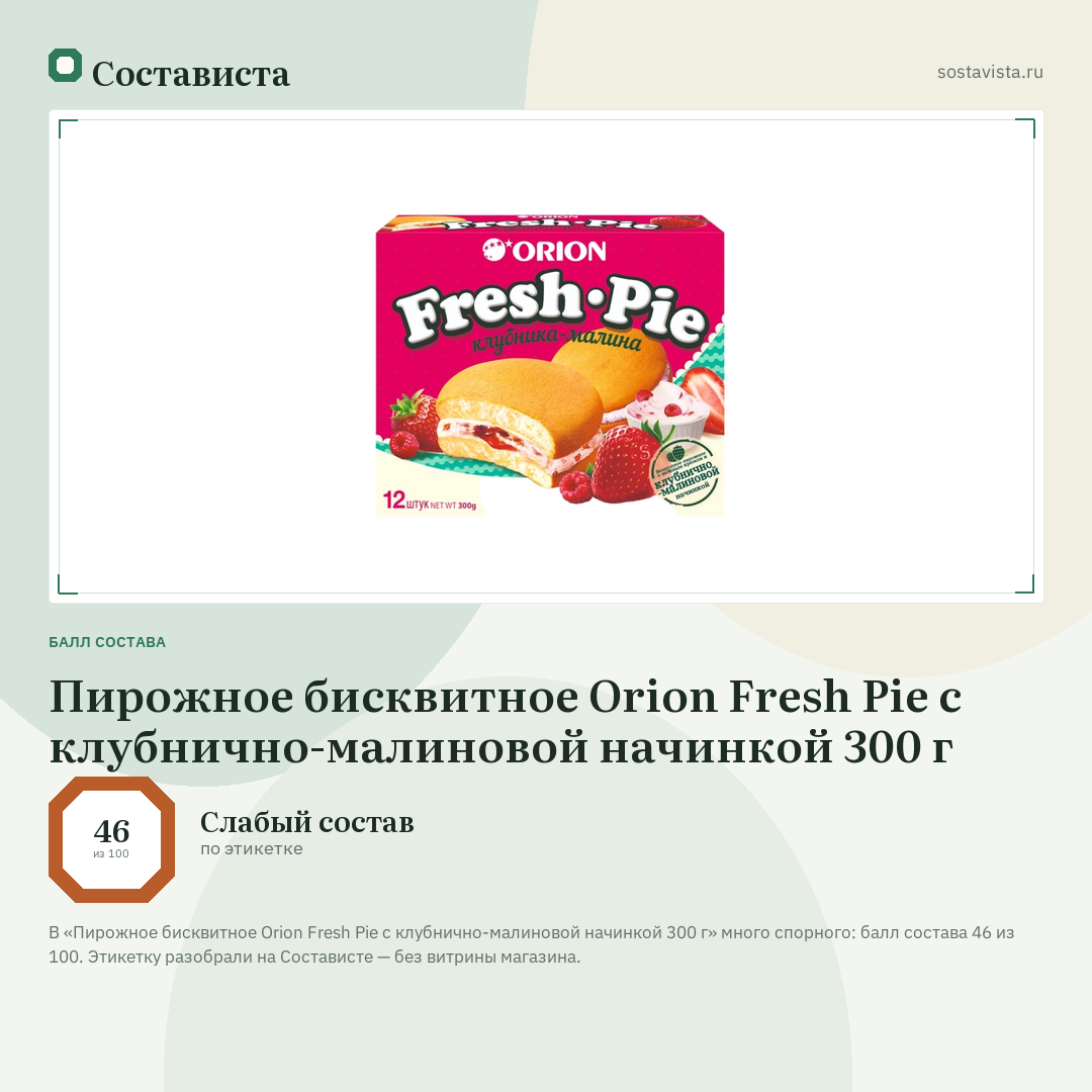 Пирожное бисквитное Orion Fresh Pie с клубнично-малиновой начинкой 300 г: балл состава 46 из 100 — Состависта