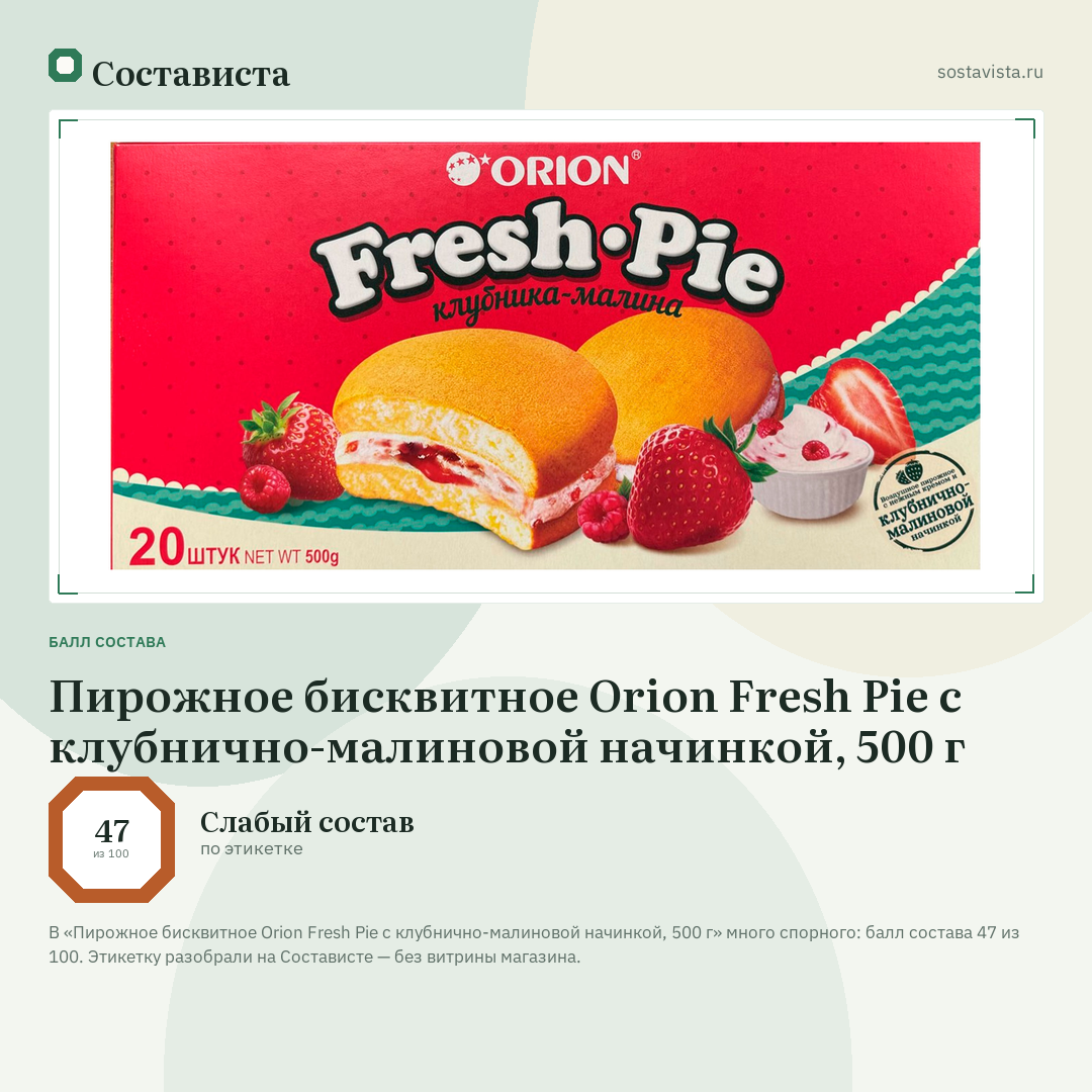 Пирожное бисквитное Orion Fresh Pie с клубнично-малиновой начинкой, 500 г: балл состава 47 из 100 — Состависта