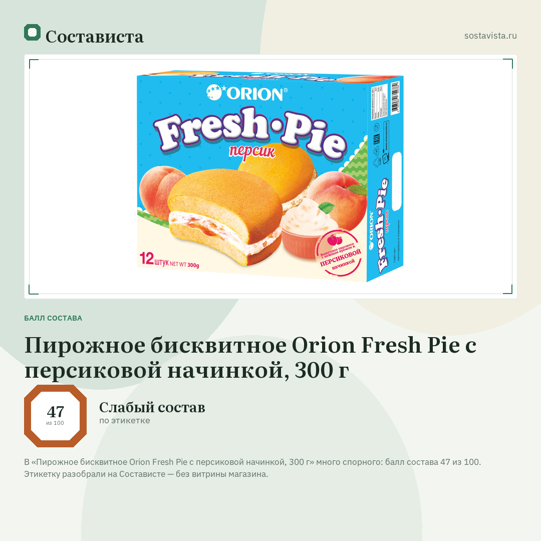 Пирожное бисквитное Orion Fresh Pie с персиковой начинкой, 300 г: балл состава 47 из 100 — Состависта