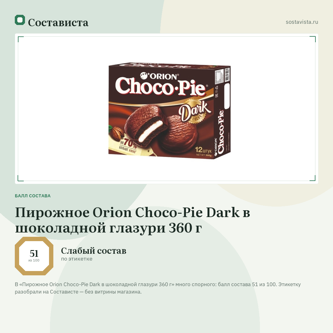 Пирожное Orion Choco-Pie Dark в шоколадной глазури 360 г: балл состава 51 из 100 — Состависта