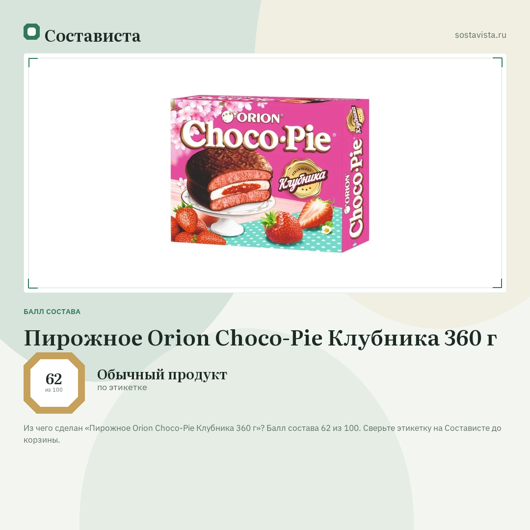 Пирожное Orion Choco-Pie Клубника 360 г: балл состава 62 из 100 — Состависта