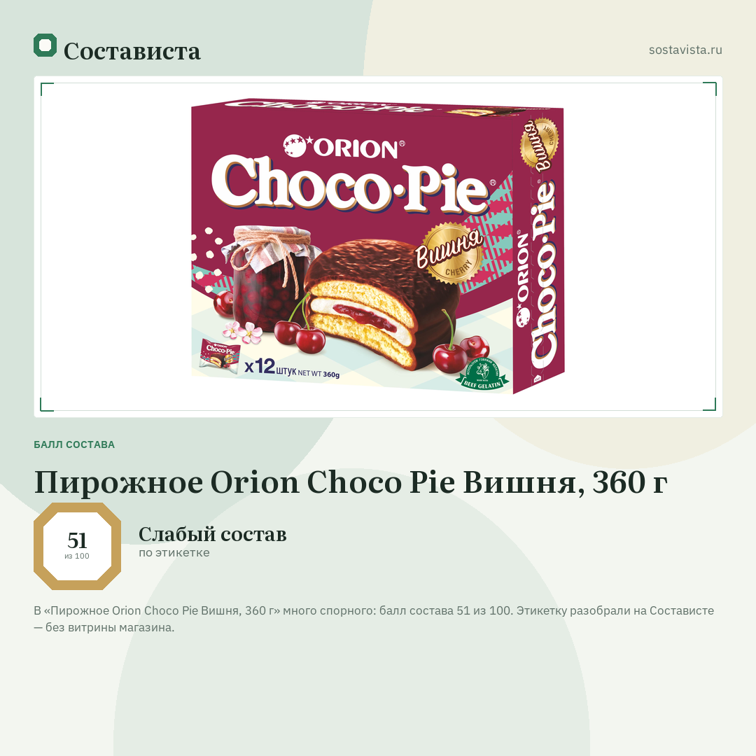 Пирожное Orion Choco Pie Вишня, 360 г: балл состава 51 из 100 — Состависта
