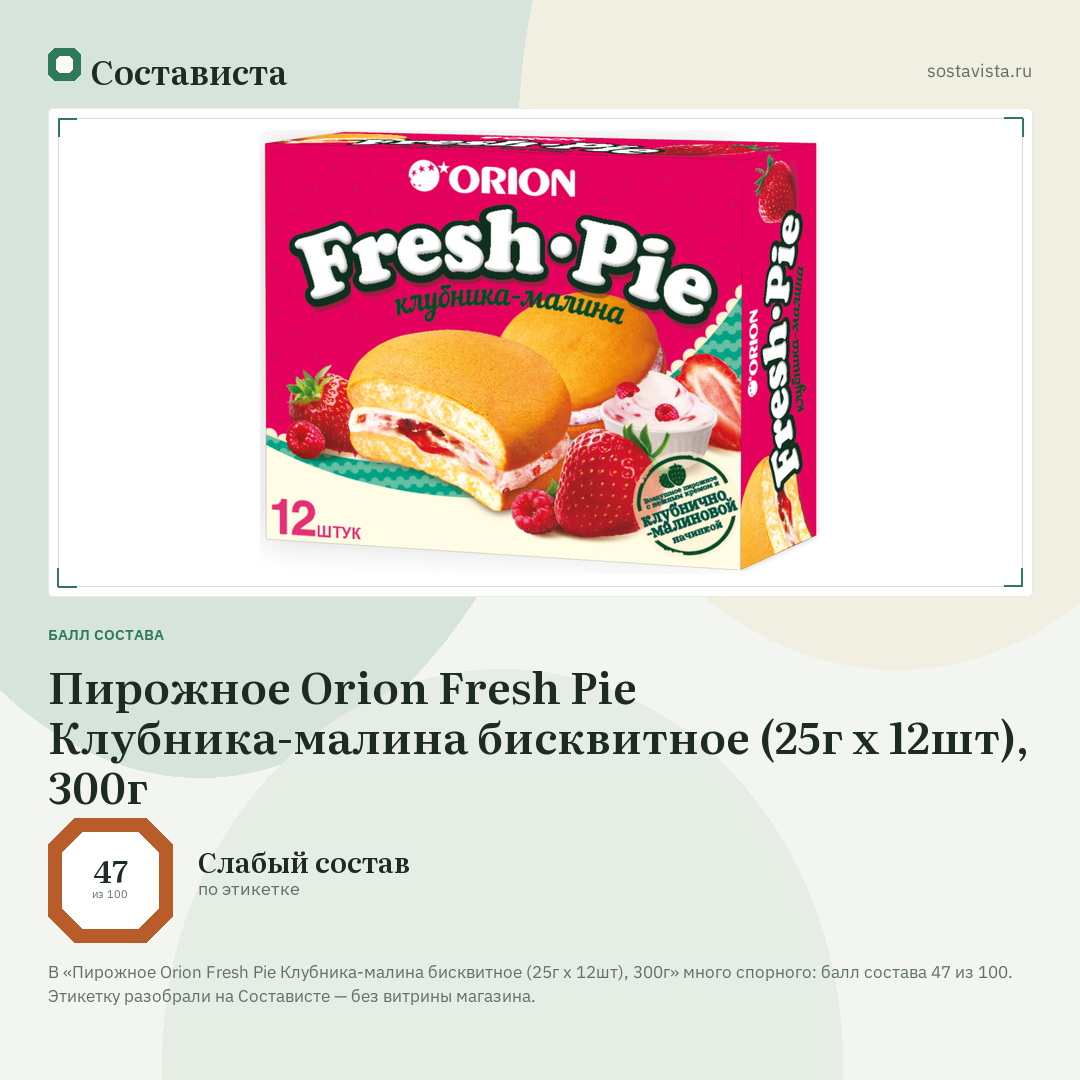 Пирожное Orion Fresh Pie Клубника-малина бисквитное (25г x 12шт), 300г: балл состава 47 из 100 — Состависта