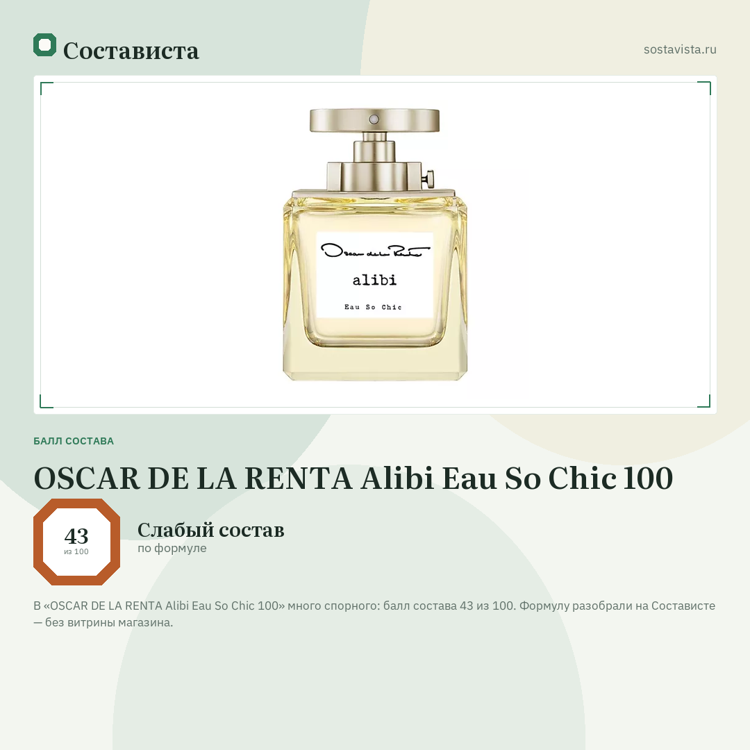 OSCAR DE LA RENTA Alibi Eau So Chic 100: балл состава 43 из 100 — Состависта