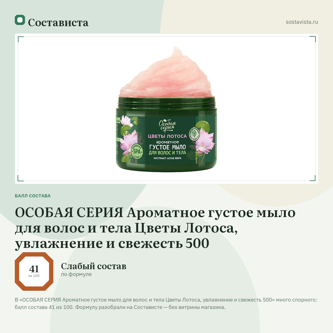 ОСОБАЯ СЕРИЯ Ароматное густое мыло для волос и тела Цветы Лотоса, увлажнение и свежесть 500: балл состава 41 из 100 — Состависта