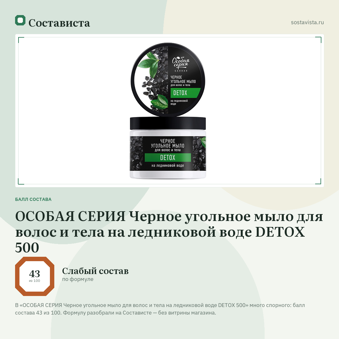 ОСОБАЯ СЕРИЯ Черное угольное мыло для волос и тела на ледниковой воде DETOX 500: балл состава 43 из 100 — Состависта