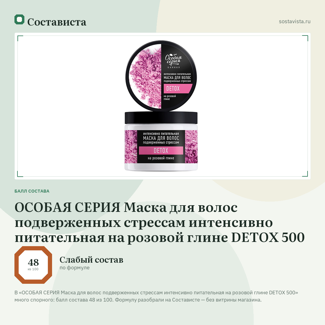 ОСОБАЯ СЕРИЯ Маска для волос подверженных стрессам интенсивно питательная на розовой глине DETOX 500: балл состава 48 из 100 — Состависта