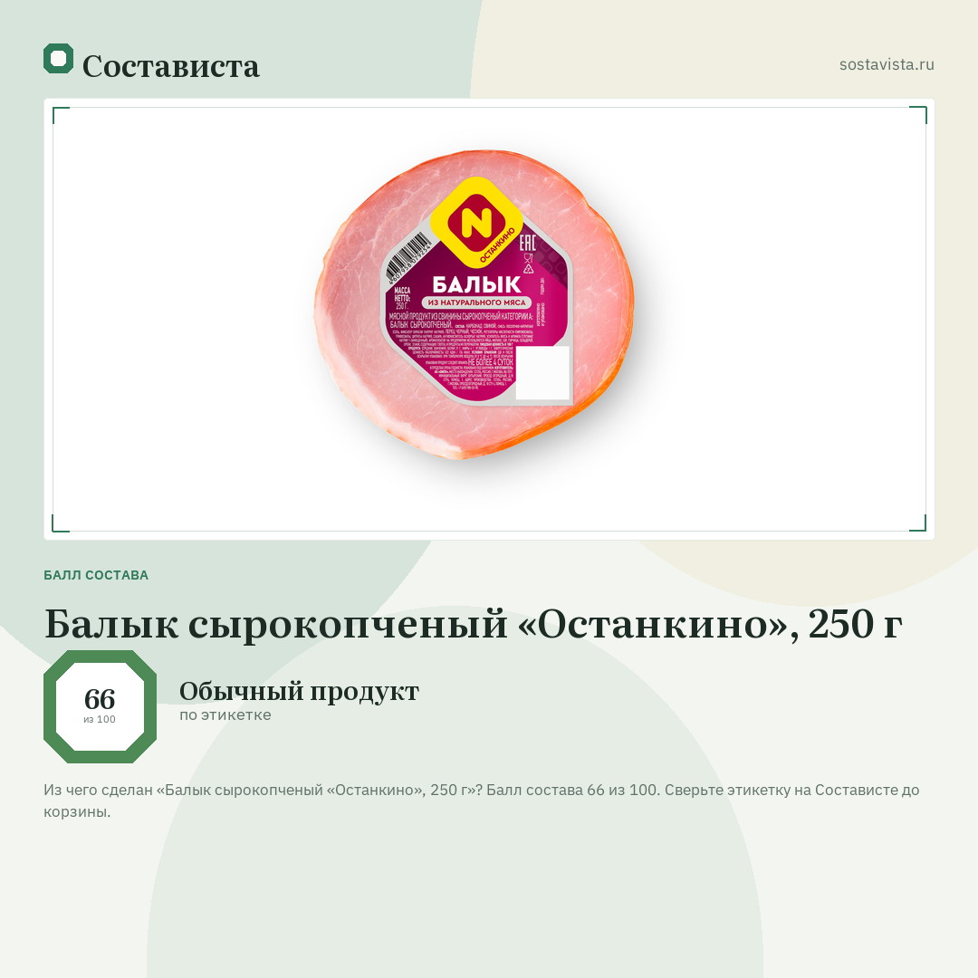 Балык сырокопченый «Останкино», 250 г: балл состава 66 из 100 — Состависта