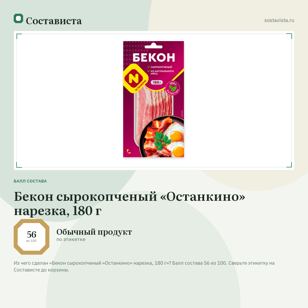 Бекон сырокопченый «Останкино» нарезка, 180 г: балл состава 56 из 100 — Состависта