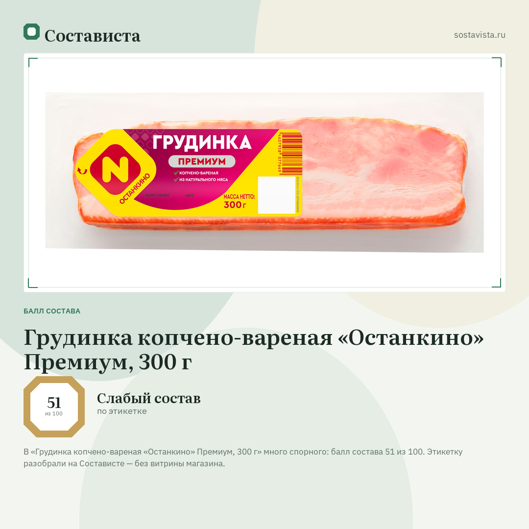 Грудинка копчено-вареная «Останкино» Премиум, 300 г: балл состава 51 из 100 — Состависта