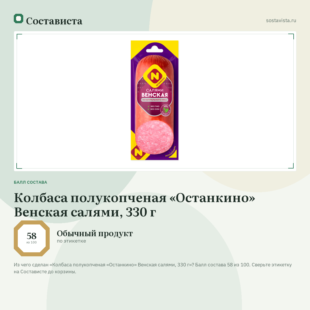 Колбаса полукопченая «Останкино» Венская салями, 330 г: балл состава 58 из 100 — Состависта