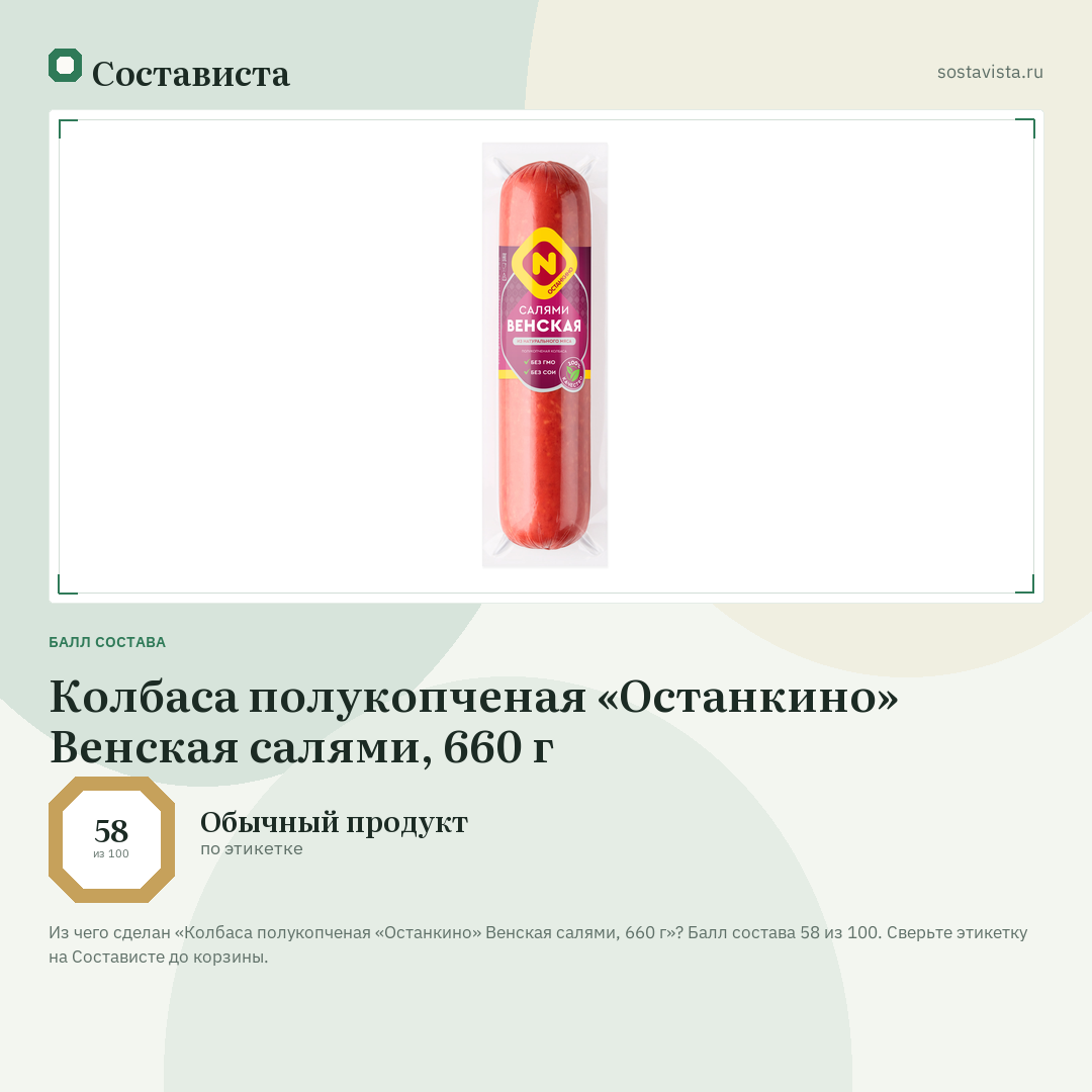Колбаса полукопченая «Останкино» Венская салями, 660 г: балл состава 58 из 100 — Состависта