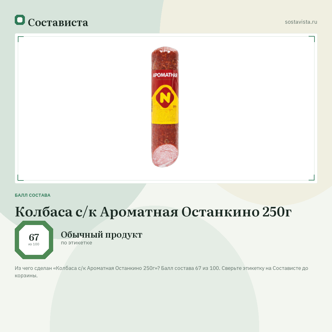 Колбаса с/к Ароматная Останкино 250г: балл состава 67 из 100 — Состависта