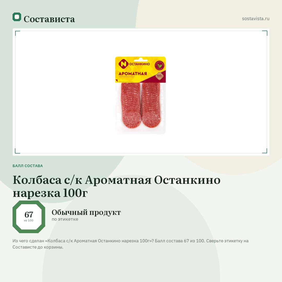 Колбаса с/к Ароматная Останкино нарезка 100г: балл состава 67 из 100 — Состависта