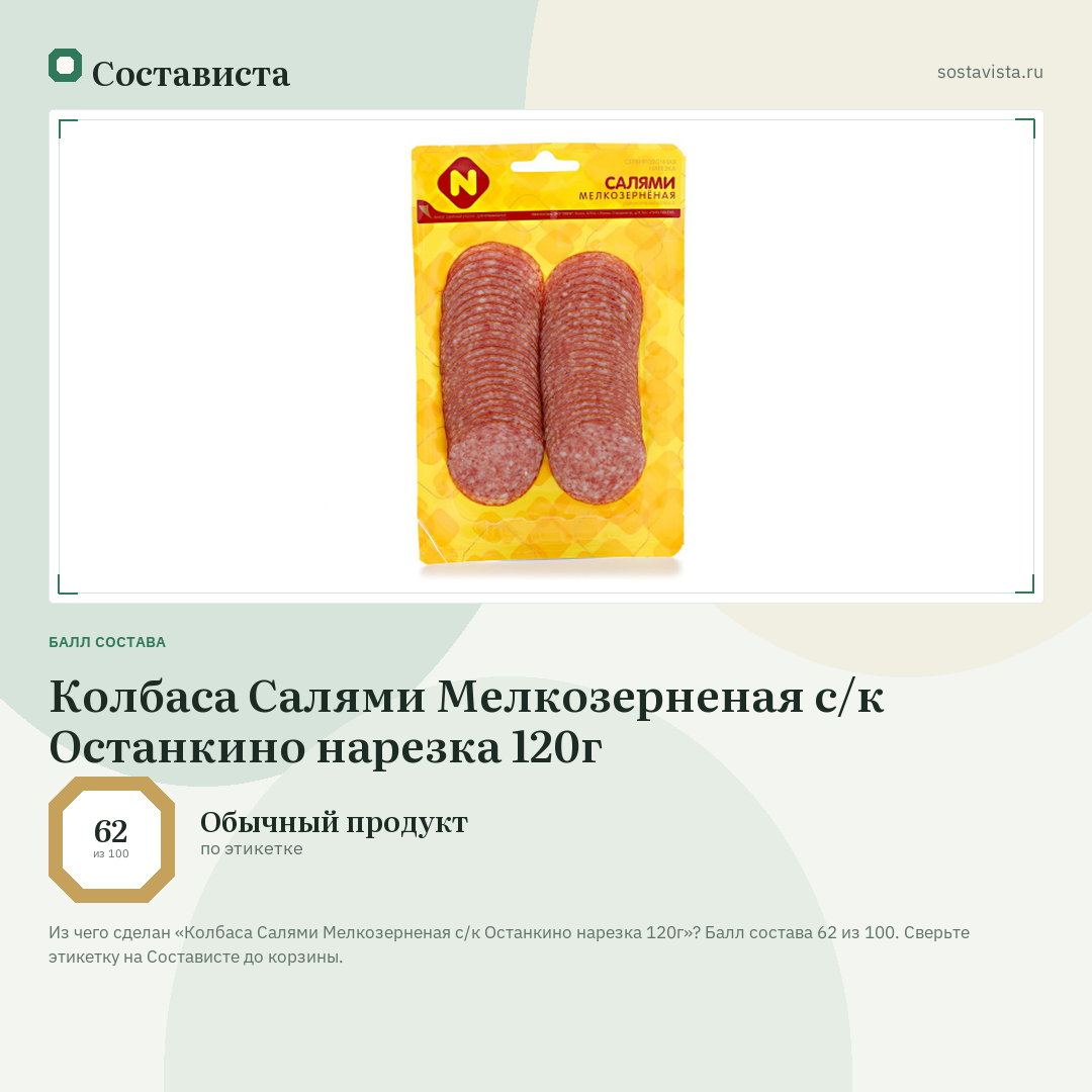 Колбаса Салями Мелкозерненая с/к Останкино нарезка 120г: балл состава 62 из 100 — Состависта