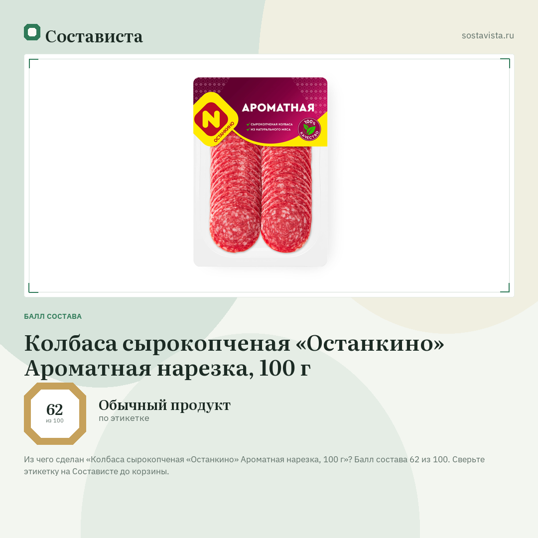 Колбаса сырокопченая «Останкино» Ароматная нарезка, 100 г: балл состава 62 из 100 — Состависта