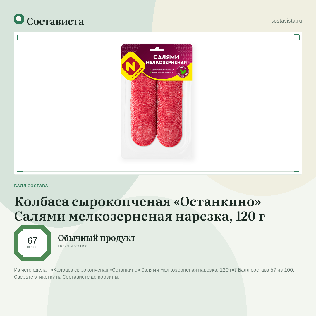 Колбаса сырокопченая «Останкино» Салями мелкозерненая нарезка, 120 г: балл состава 67 из 100 — Состависта