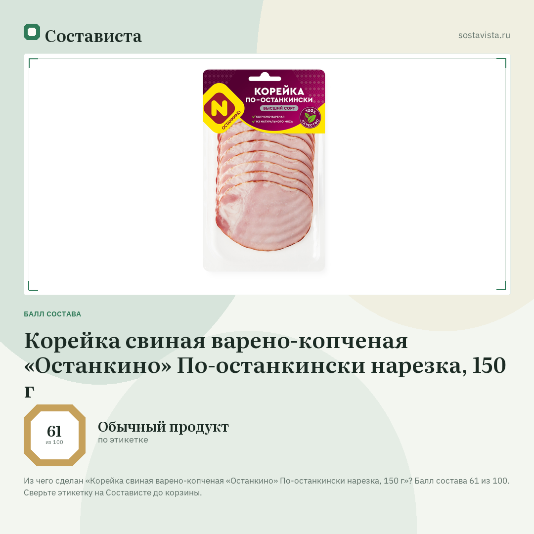 Корейка свиная варено-копченая «Останкино» По-останкински нарезка, 150 г: балл состава 61 из 100 — Состависта