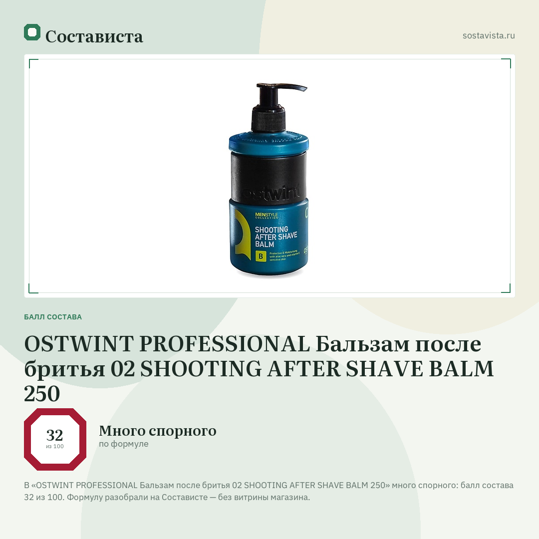 OSTWINT PROFESSIONAL Бальзам после бритья 02 SHOOTING AFTER SHAVE BALM 250: балл состава 32 из 100 — Состависта