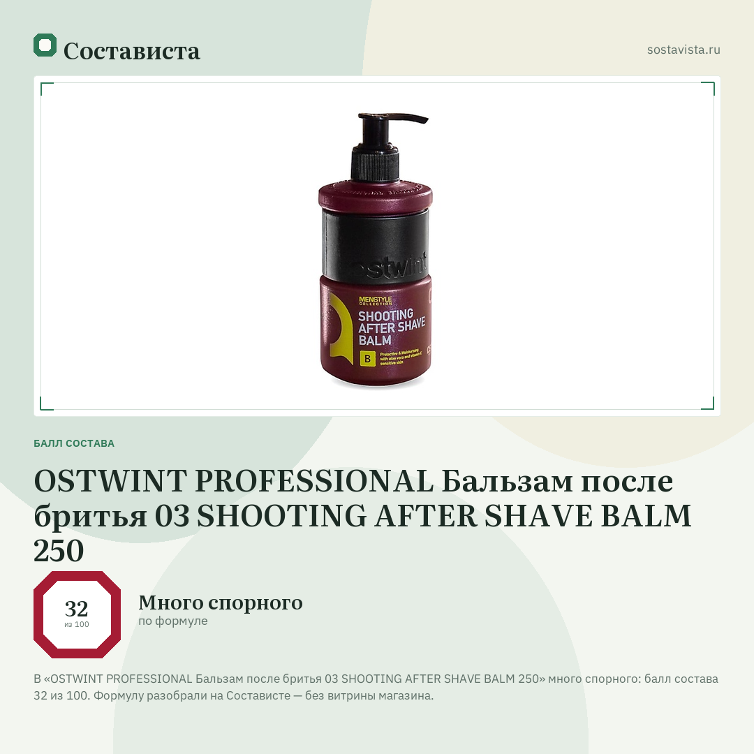 OSTWINT PROFESSIONAL Бальзам после бритья 03 SHOOTING AFTER SHAVE BALM 250: балл состава 32 из 100 — Состависта