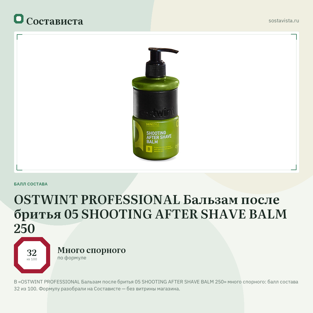 OSTWINT PROFESSIONAL Бальзам после бритья 05 SHOOTING AFTER SHAVE BALM 250: балл состава 32 из 100 — Состависта