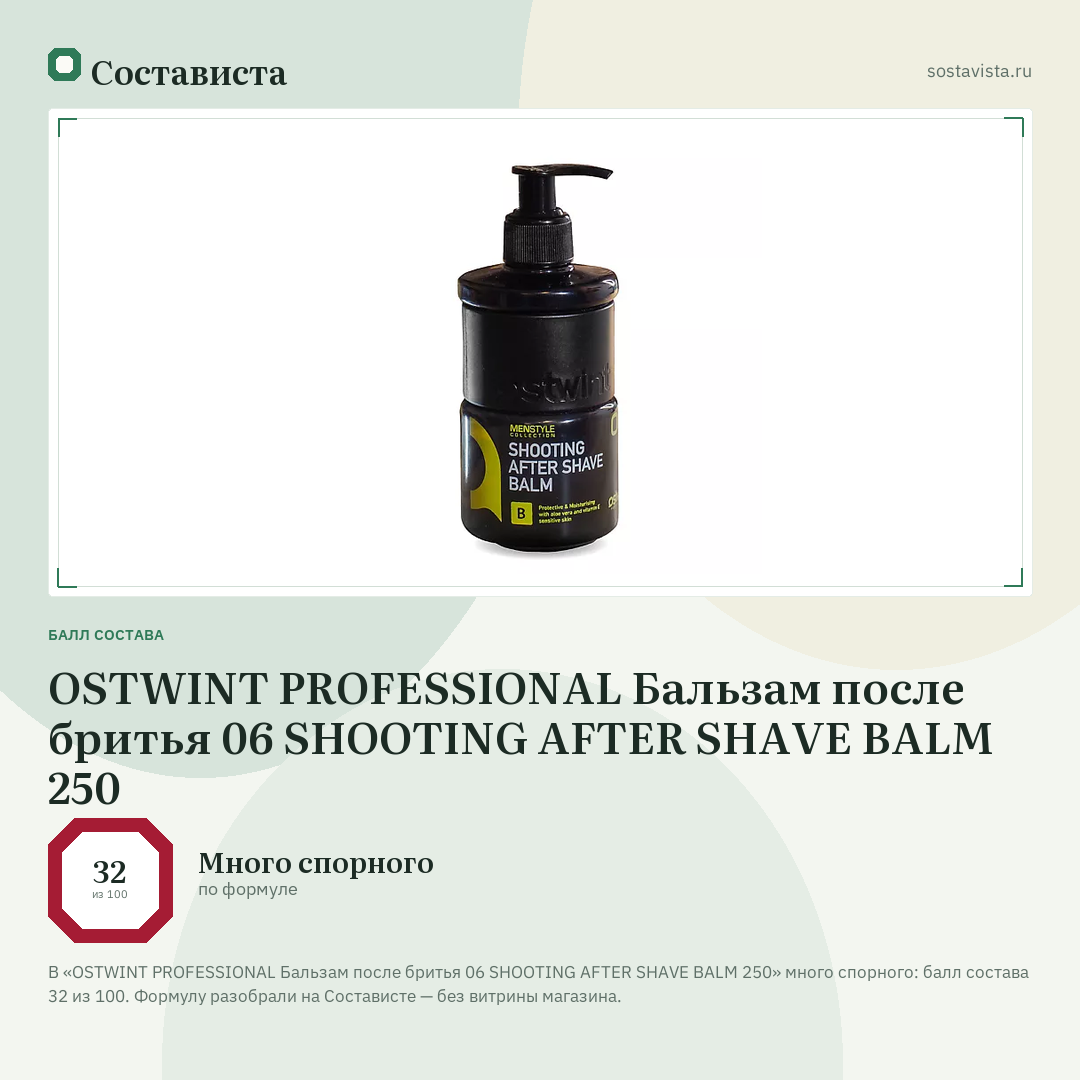 OSTWINT PROFESSIONAL Бальзам после бритья 06 SHOOTING AFTER SHAVE BALM 250: балл состава 32 из 100 — Состависта
