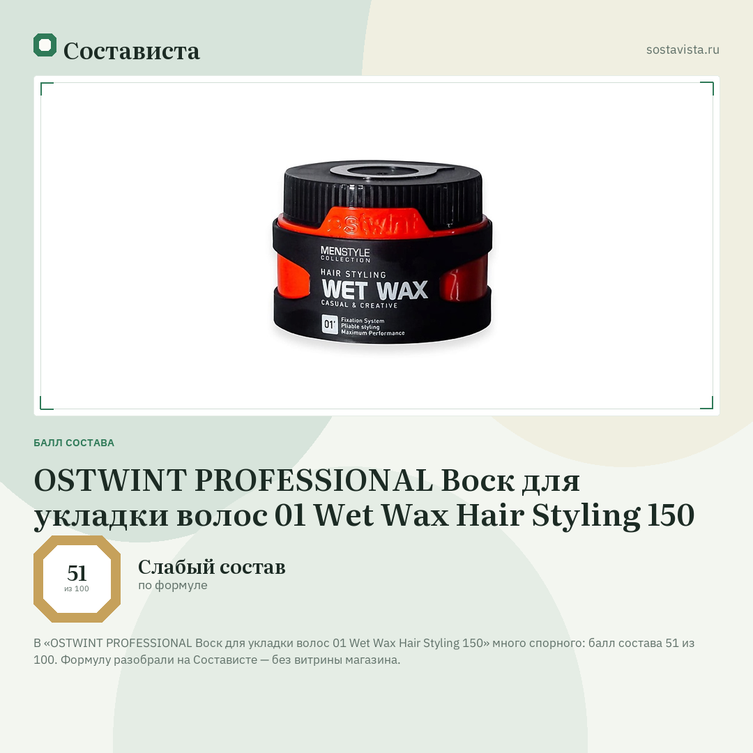 OSTWINT PROFESSIONAL Воск для укладки волос 01 Wet Wax Hair Styling 150: балл состава 51 из 100 — Состависта