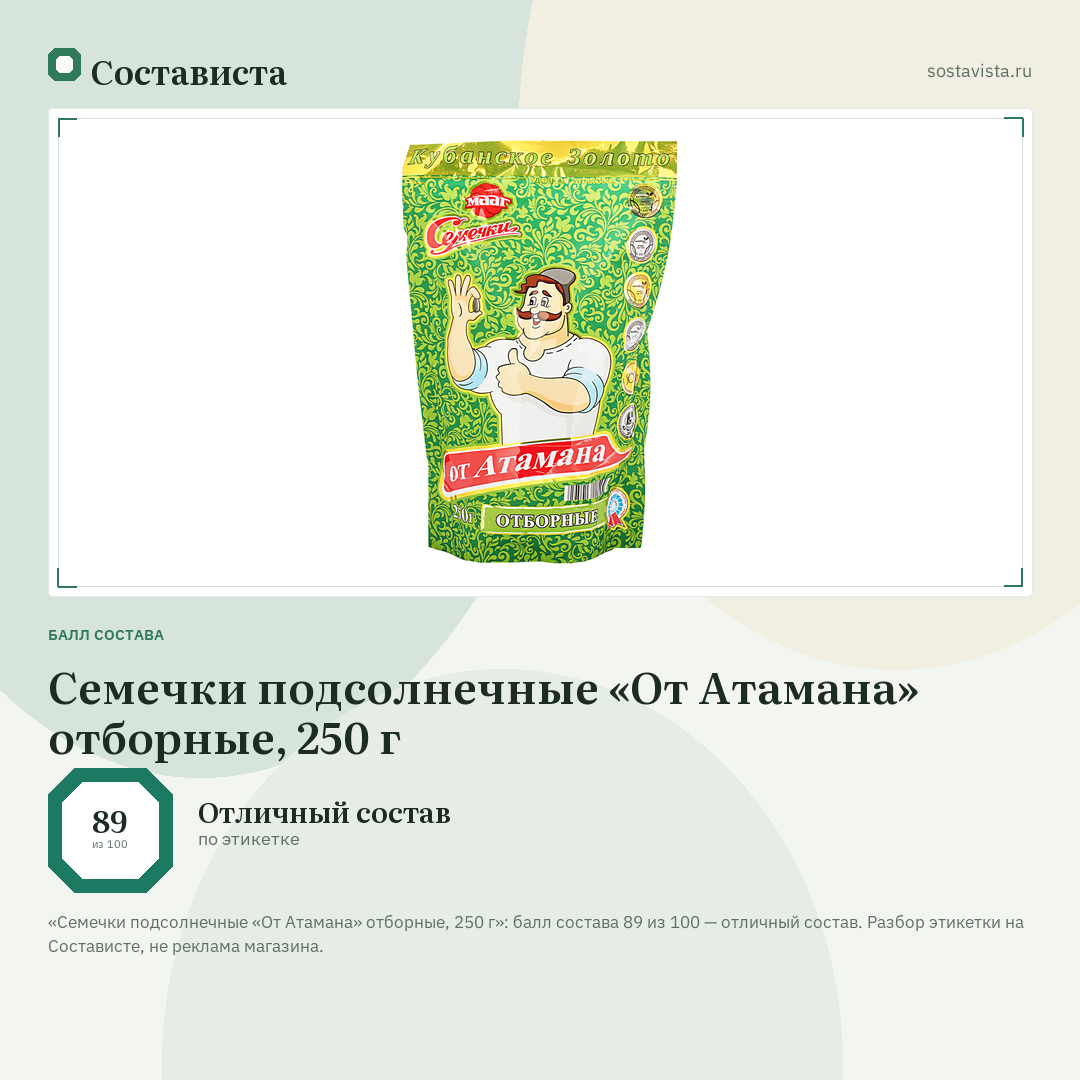 Семечки подсолнечные «От Атамана» отборные, 250 г: балл состава 89 из 100 — Состависта