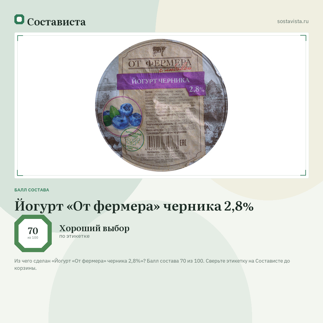 Йогурт «От фермера» черника 2,8%: балл состава 70 из 100 — Состависта