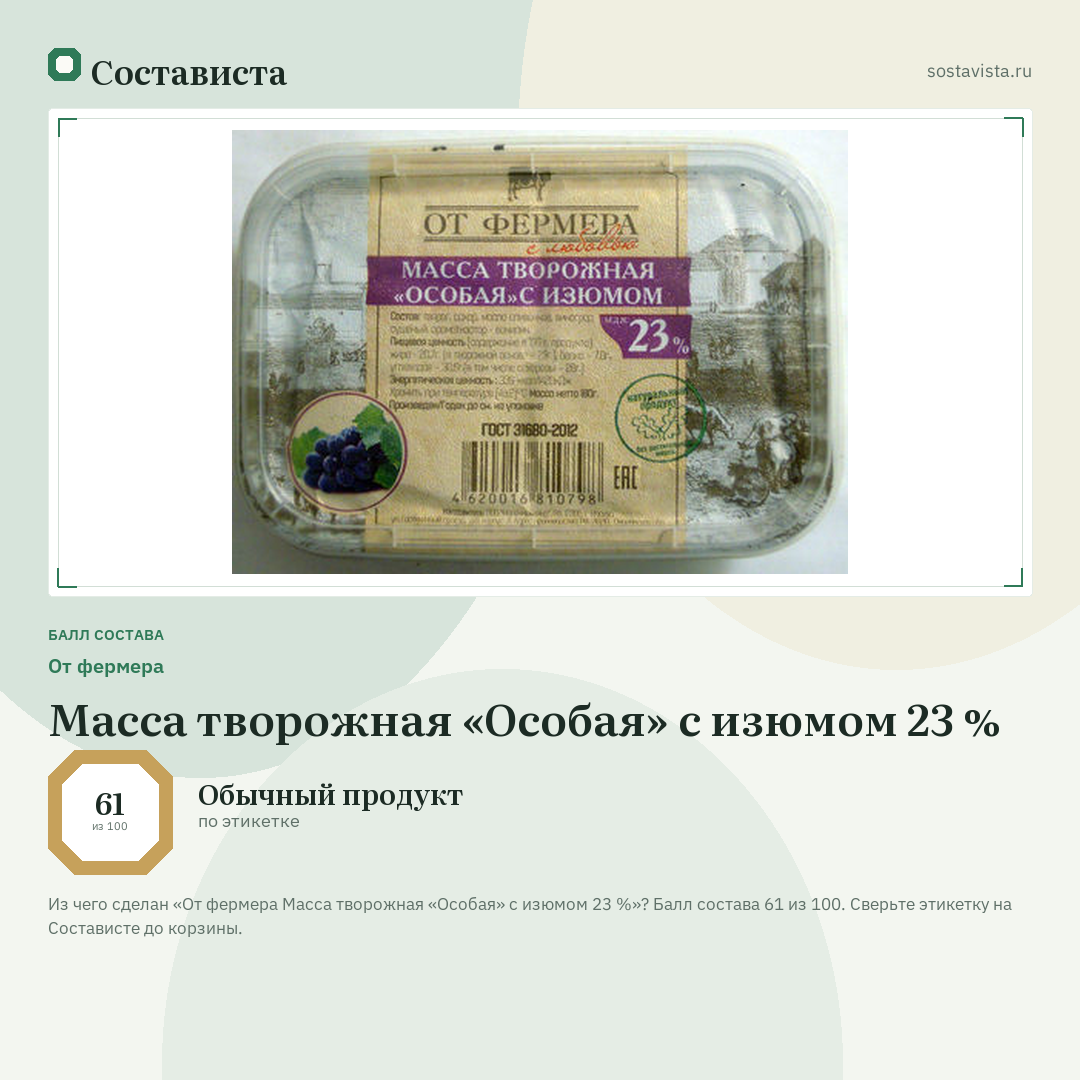 От фермера Масса творожная «Особая» с изюмом 23 %: балл состава 61 из 100 — Состависта
