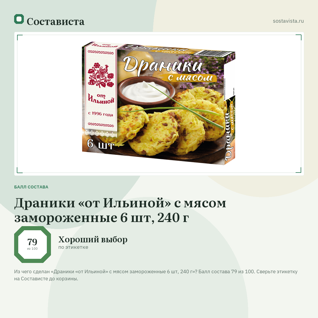Драники «от Ильиной» с мясом замороженные 6 шт, 240 г: балл состава 79 из 100 — Состависта