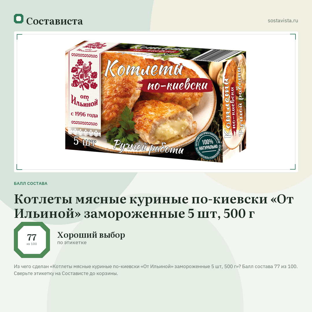 Котлеты мясные куриные по-киевски «От Ильиной» замороженные 5 шт, 500 г: балл состава 77 из 100 — Состависта