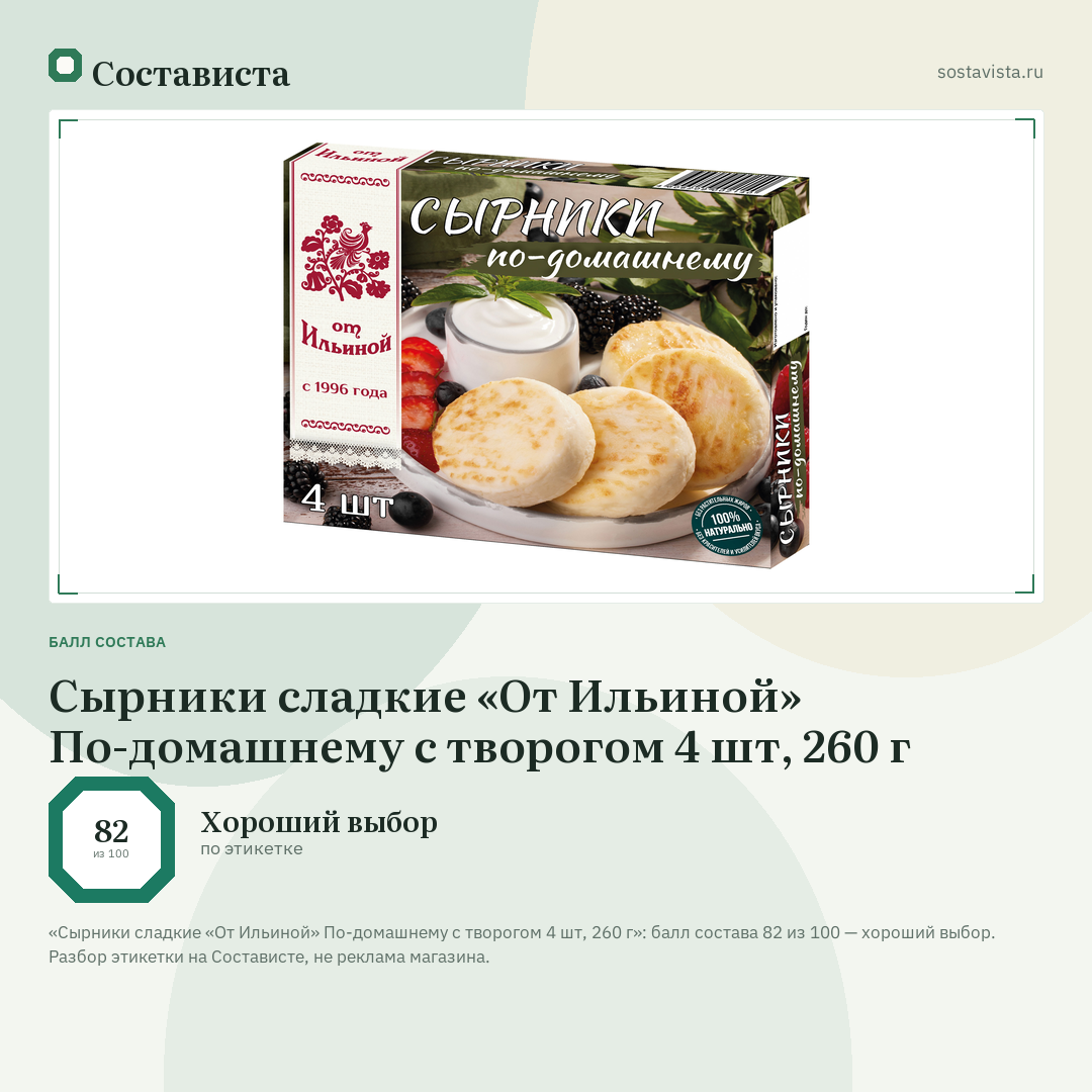 Сырники сладкие «От Ильиной» По-домашнему с творогом 4 шт, 260 г: балл состава 82 из 100 — Состависта