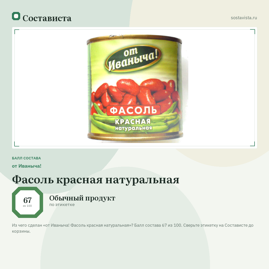 от Иваныча! Фасоль красная натуральная: балл состава 67 из 100 — Состависта