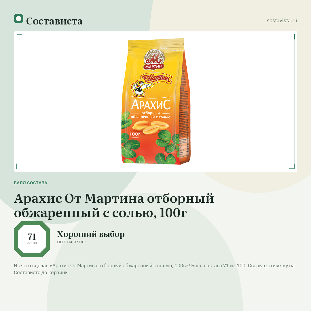 Арахис От Мартина отборный обжаренный с солью, 100г: балл состава 71 из 100 — Состависта