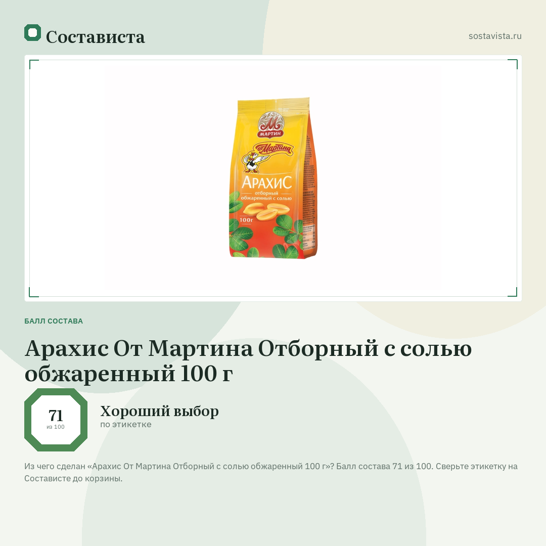 Арахис От Мартина Отборный с солью обжаренный 100 г: балл состава 71 из 100 — Состависта