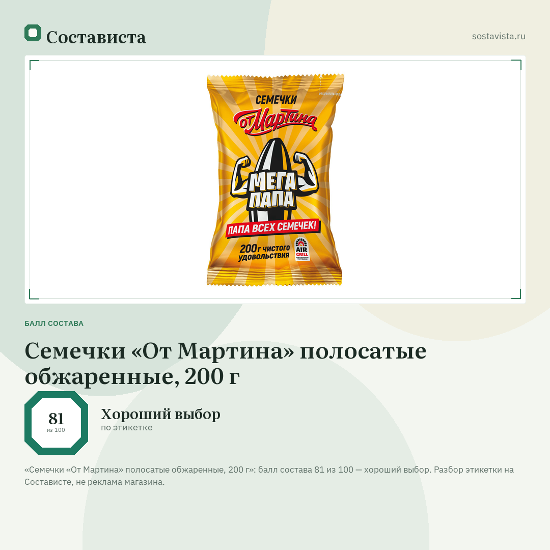 Семечки «От Мартина» полосатые обжаренные, 200 г: балл состава 81 из 100 — Состависта
