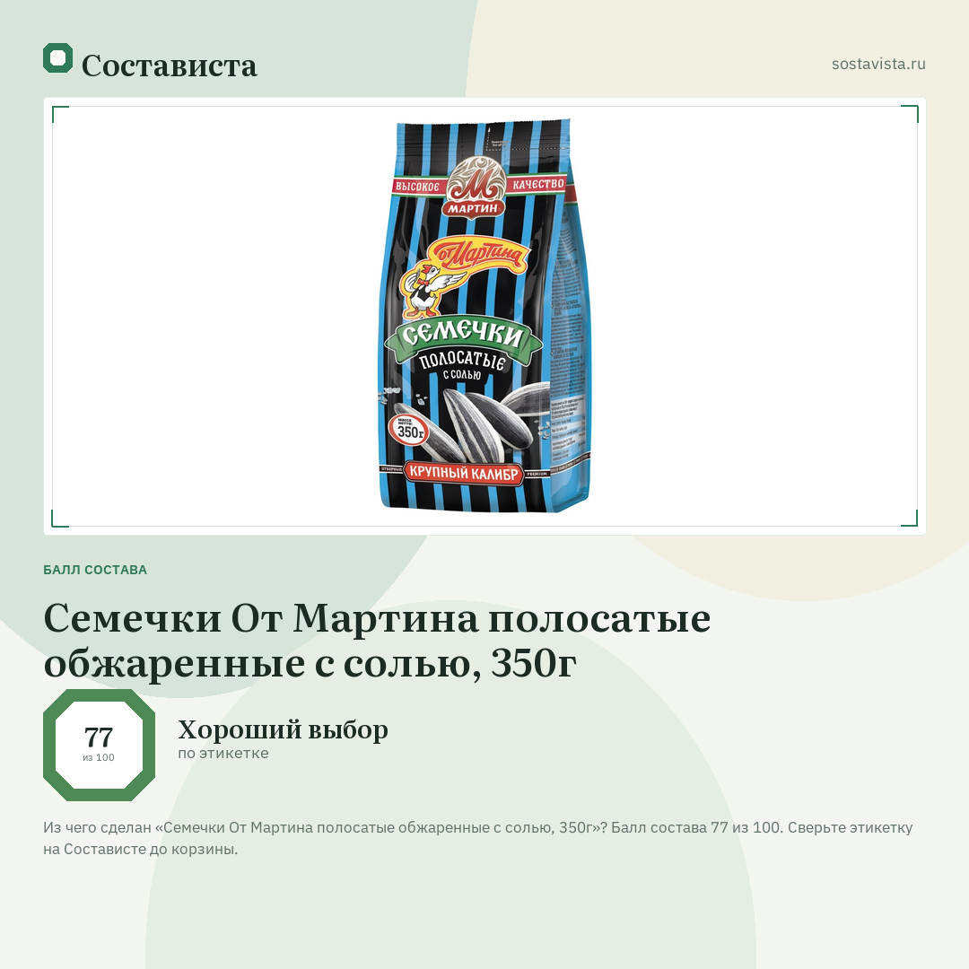Семечки От Мартина полосатые обжаренные с солью, 350г: балл состава 77 из 100 — Состависта
