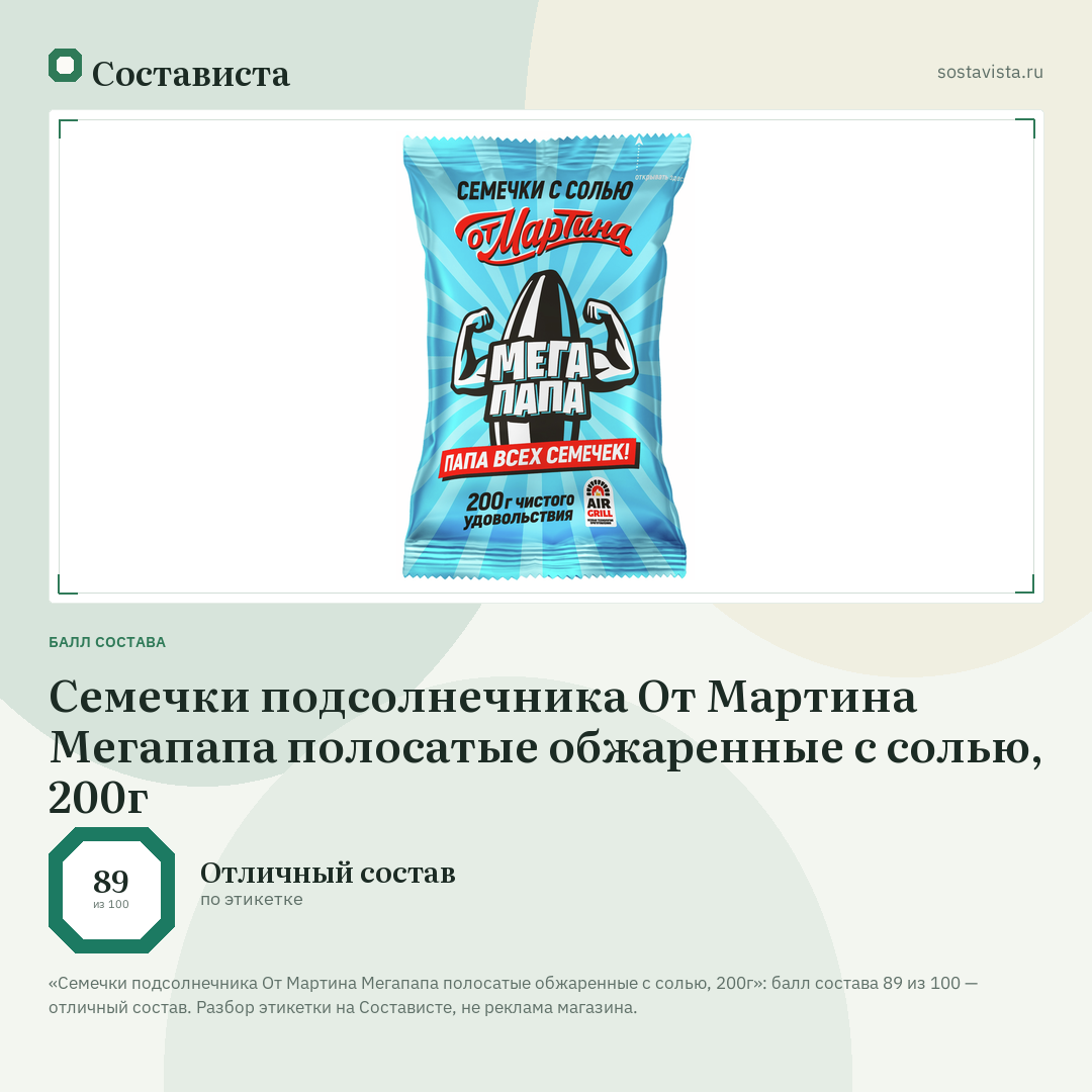 Семечки подсолнечника От Мартина Мегапапа полосатые обжаренные с солью, 200г: балл состава 89 из 100 — Состависта