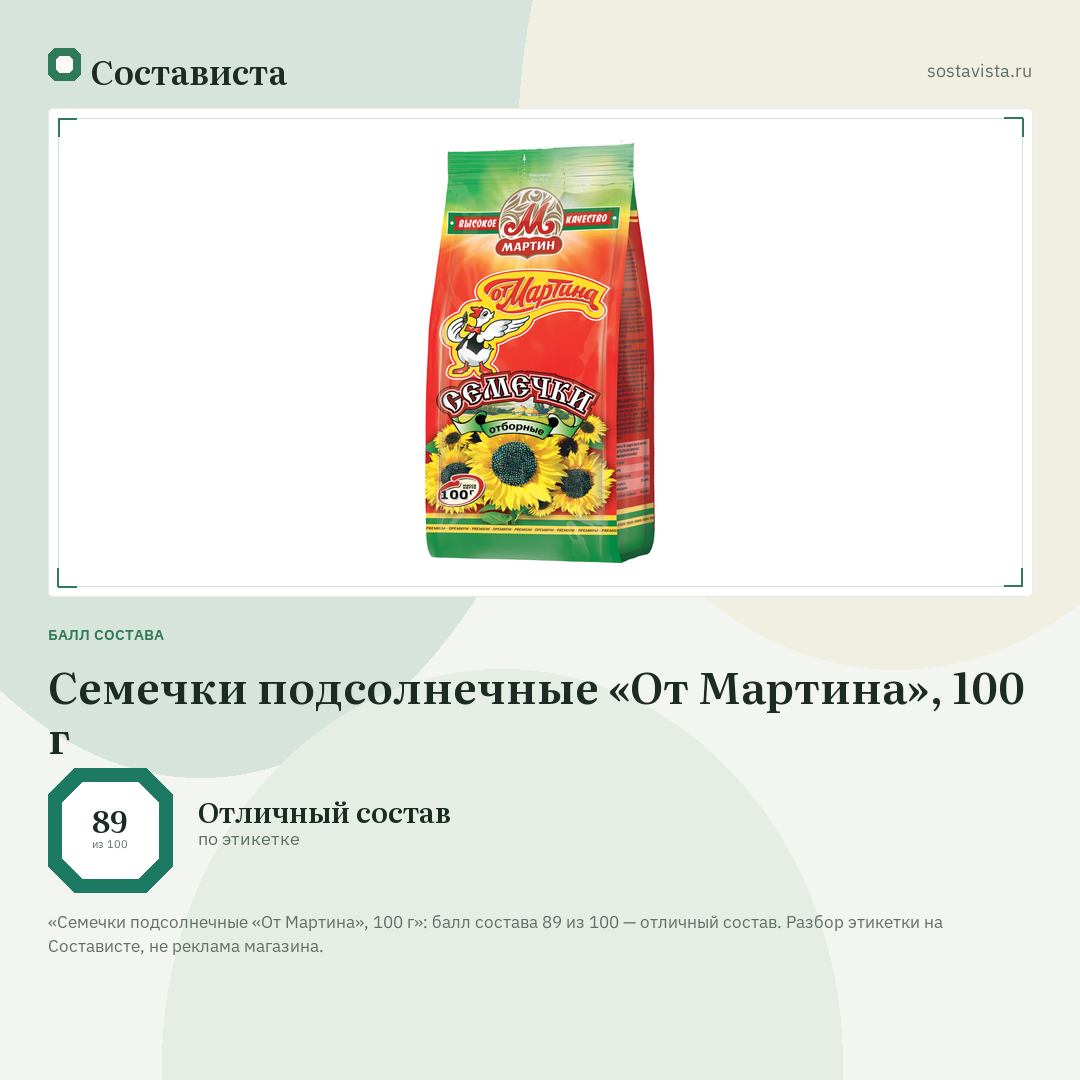 Семечки подсолнечные «От Мартина», 100 г: балл состава 89 из 100 — Состависта