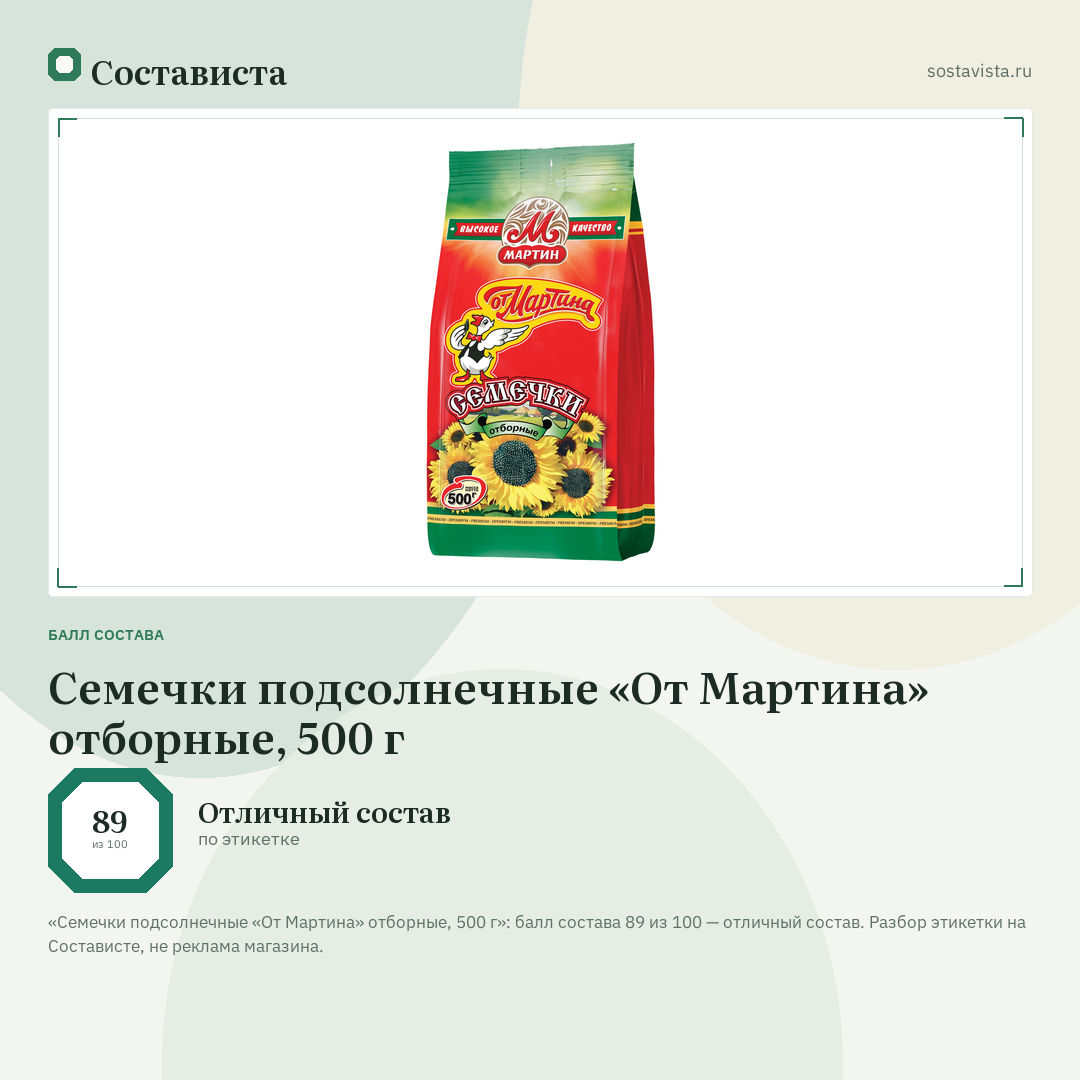 Семечки подсолнечные «От Мартина» отборные, 500 г: балл состава 89 из 100 — Состависта