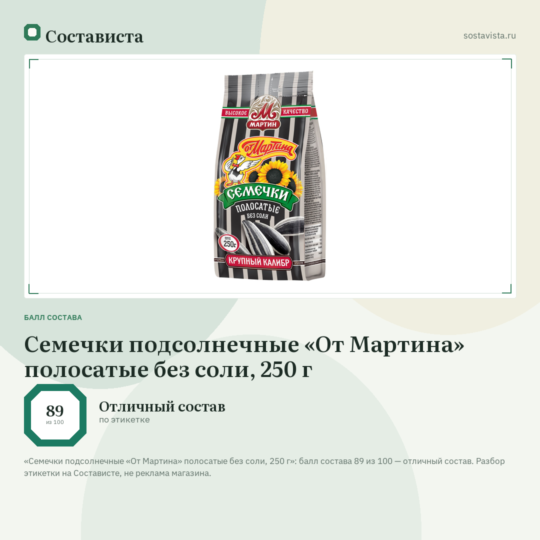 Семечки подсолнечные «От Мартина» полосатые без соли, 250 г: балл состава 89 из 100 — Состависта