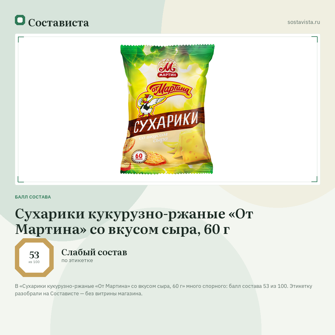 Сухарики кукурузно-ржаные «От Мартина» со вкусом сыра, 60 г: балл состава 53 из 100 — Состависта