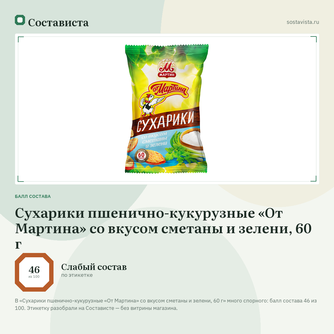 Сухарики пшенично-кукурузные «От Мартина» со вкусом сметаны и зелени, 60 г: балл состава 46 из 100 — Состависта