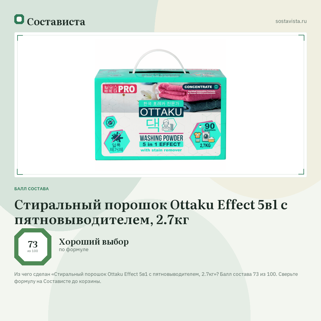Стиральный порошок Ottaku Effect 5в1 с пятновыводителем, 2.7кг: балл состава 73 из 100 — Состависта