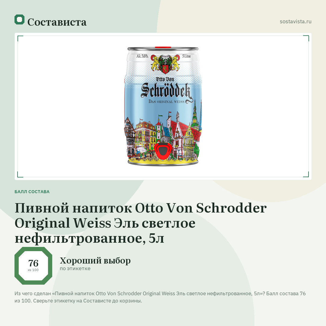 Пивной напиток Otto Von Schrodder Original Weiss Эль светлое нефильтрованное, 5л: балл состава 76 из 100 — Состависта