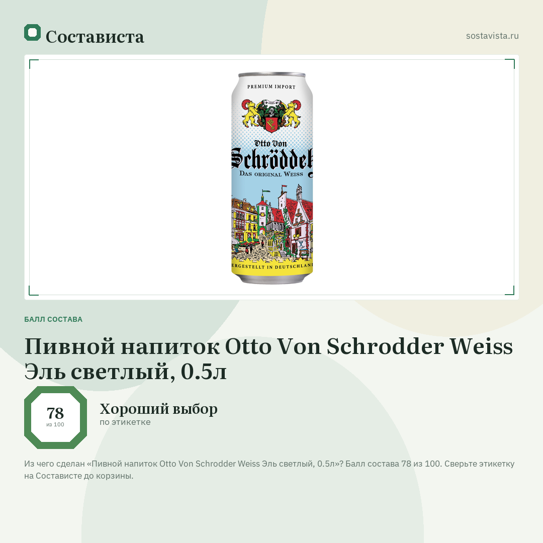 Пивной напиток Otto Von Schrodder Weiss Эль светлый, 0.5л: балл состава 78 из 100 — Состависта