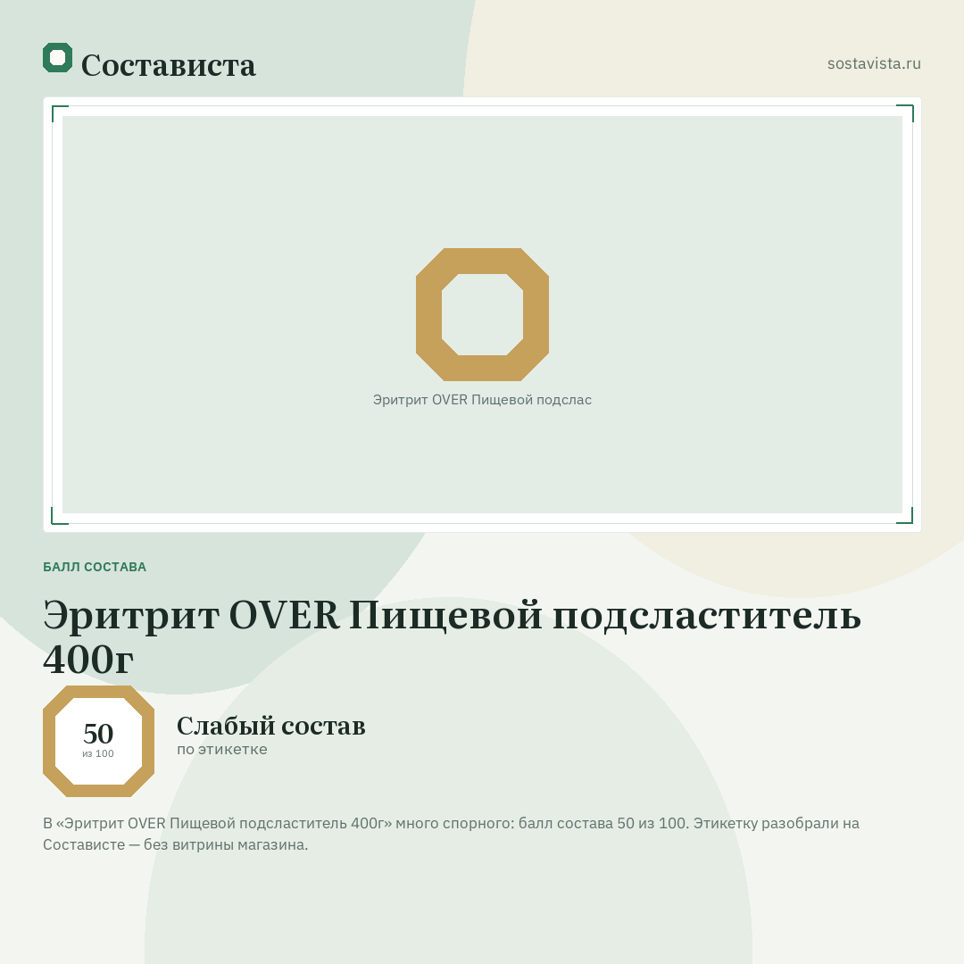 Эритрит OVER Пищевой подсластитель 400г: балл состава 50 из 100 — Состависта